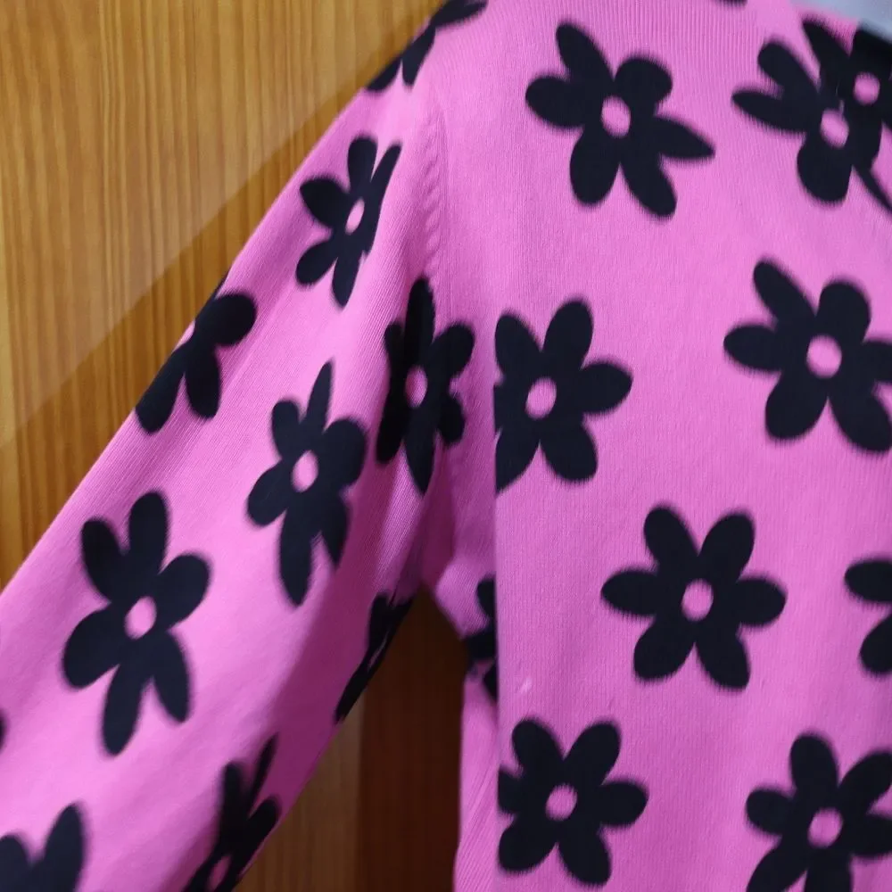 Joseph A. Qu'est Ce Bright Pink with Black Daisy Print Cardigan Sweater & Shell